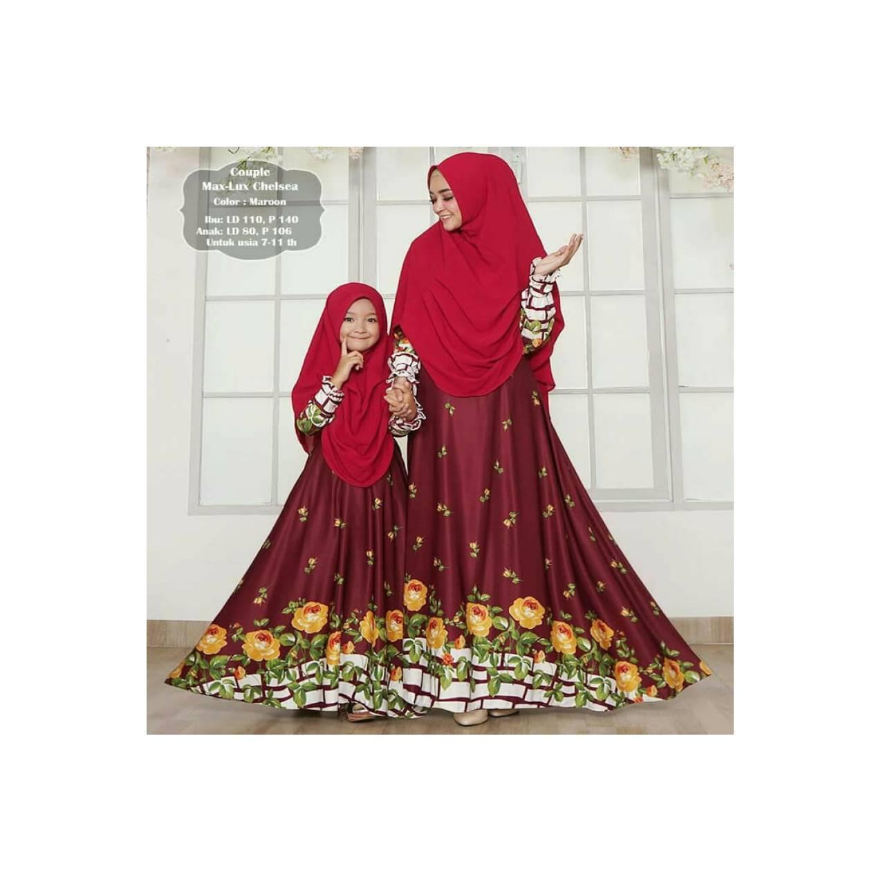 Couple sarimbit mk chelsea maroon set gamis syari anak bergo