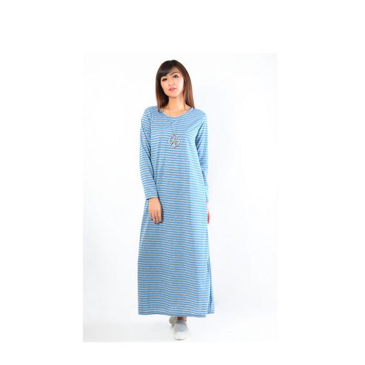 Baju Gamis Strip Maxi Simple Elegan Biru Muda