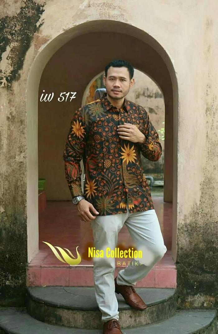 Promo batik Baju Batik Kemeja Pria Sogan Kembang Katun Cap Solo Baru