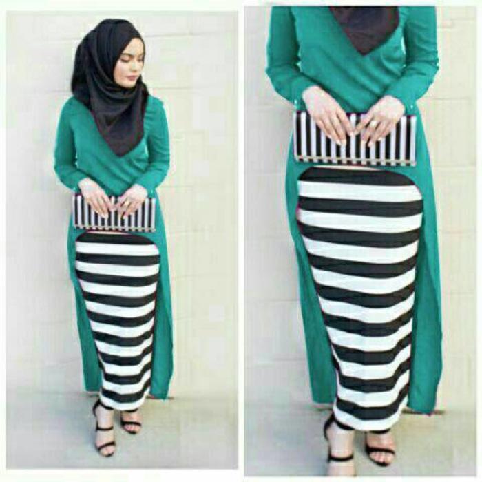 Hijab Monika Stripe Set 3in1 Tosca / Hijab gaul / hijab modern / pashmina / Harga promo / gamis