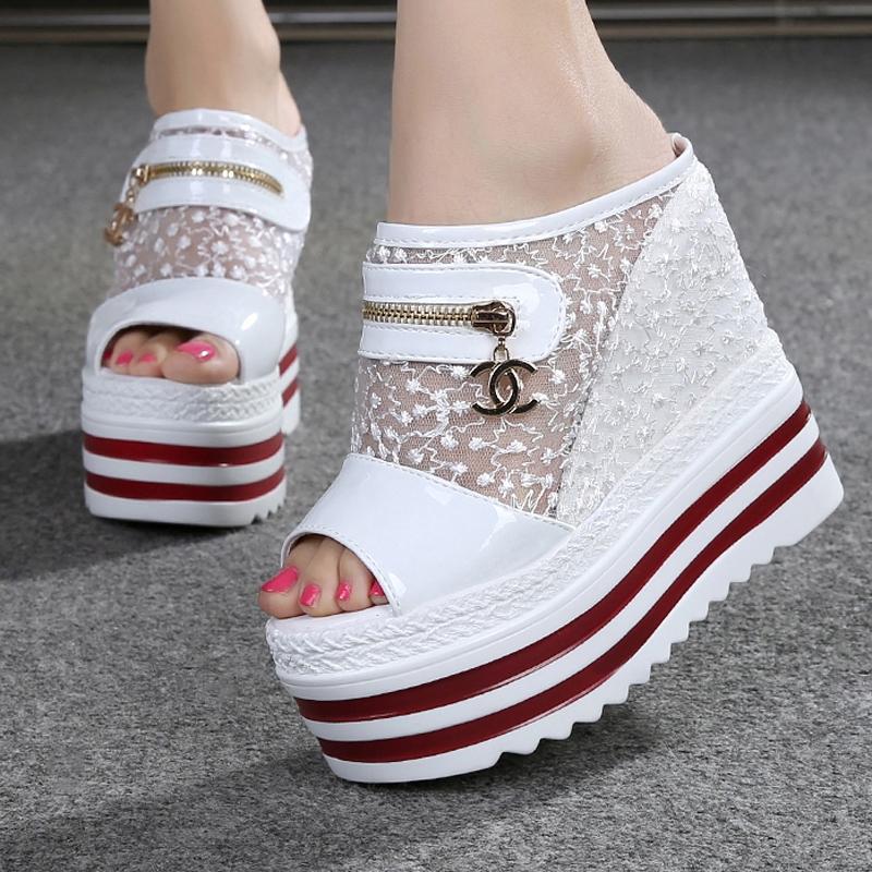 Sandal Musim Panas Produk Baru Sandal 12 Cm Sol Tebal Hak Super Tinggi (Renda Renda Renda Renda Hitam)