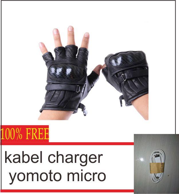 lanjarjaya Sarung Tangan Motor Kulit Half Batok Model Protektor Kevlar warna hitam FREE KABEL CHARGER YUMOTO MICRO