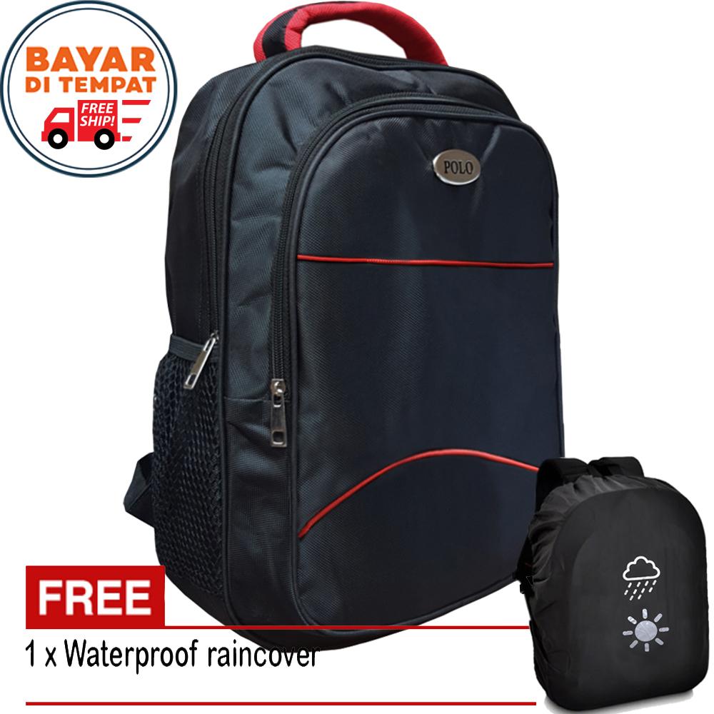 Tas Ransel Tas Pria Polo Murah Tas Laptop Backpack Tas Kerja Tas Sekolah Tas Fashion Pria- Black + Raincover