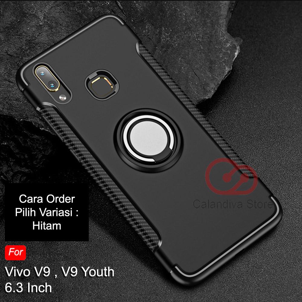 Calandiva Case VIVO V9, VIVO V9 Youth, VIVO V9 6GB (6.3 Inch) ( sama ukuran ) Casing Ring Carbon Kickstand Hybrid Premium Quality Grade A