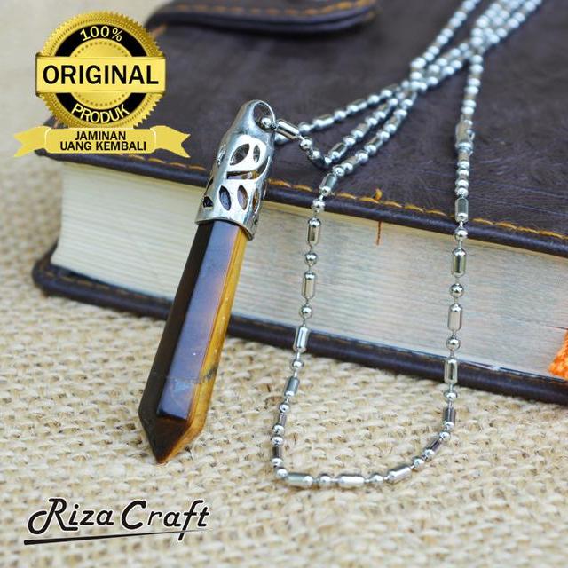 Kalung Liontin Pendulum Batu Akik Tiger Eye Asli Alam Natural untuk Pria Wanita Cowok Cewek Unik Keren Bagus