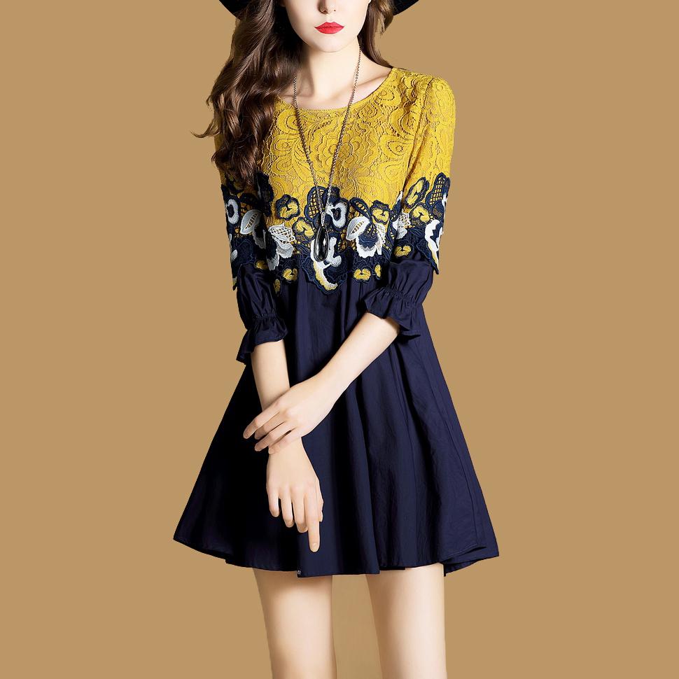 Terkenal Gaun Baru Elegan Rok Berbentuk Huruf Yang Eropa atau Amerika Serikat Tujuh Lengan Baju (Kuning)