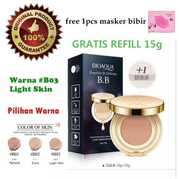Bioaqua Exquisite and Delicate BB Cream Air Cushion Pack Gold Case SPF 50++ Foundation BB Gold + Refill + Free Masker Bibir