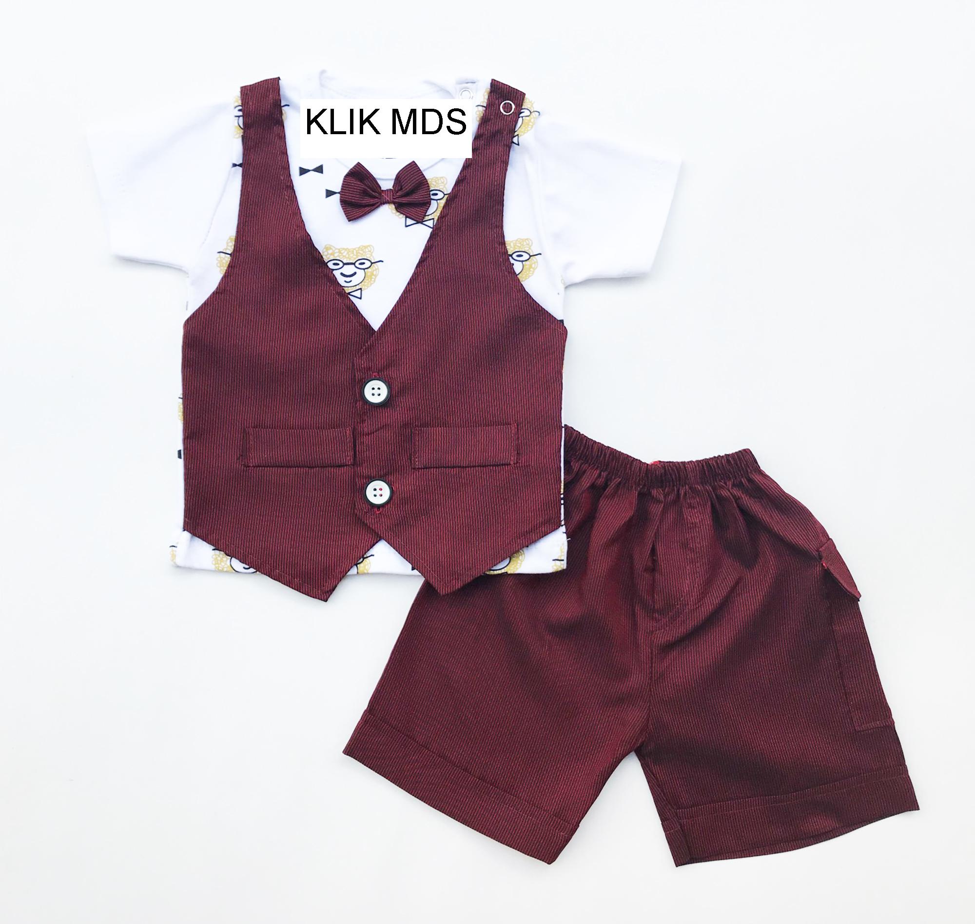 Klik Mds Baju Setelan Anak Bayi Lelaki Motif Beruang Rompi Salur dan Celana Motif Salur Dengan Dasi Kupu-Kupu