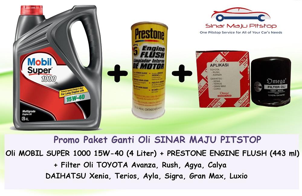 Promo Paket Ganti Oli MOBIL SUPER 15W-40 API SN 4 LITER & Prestone Engine Flush & Filter Oli DAIHATSU XENIA & DAIHATSU TERIOS ORIGINAL