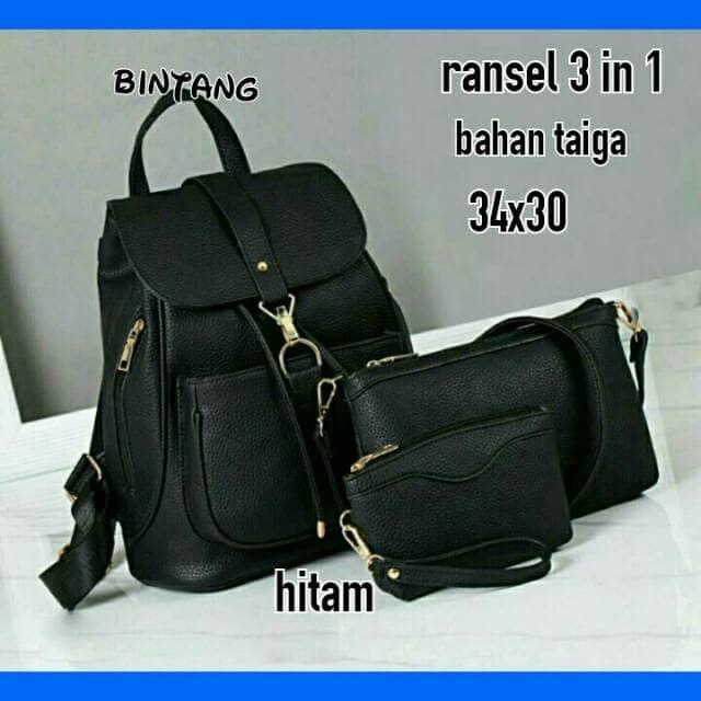 Jual Termurah Tas Ransel Backpack Fashion Serut Wanita Cewek SET 3in1 HITAM - Hitam Promo