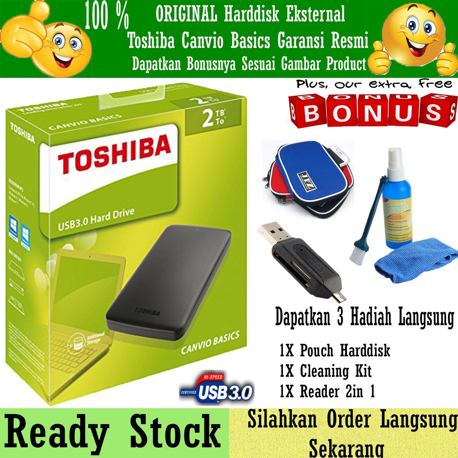 Toshiba Canvio Basic 2TB - HDD / HD / Hardisk Eksternal - Hitam + Gratis Pouch Harddisk + Cleaning Kit ( Pembersih PC & Notebook ) + Reader 2in 1