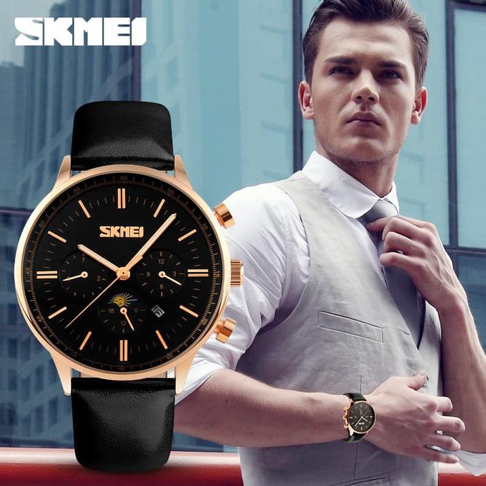 PREMIUM!!! Jam Tangan Pria Cowok Original Asli Skmei kulit TAHAN AIR Casio Rolex - Hitam Keren Murah Terbaru Original
