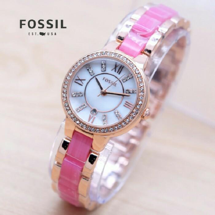 DISKON Jam Tangan Wanita / Cewek Fossil Rantai Kombi Mica Pink Rose TERMURAH