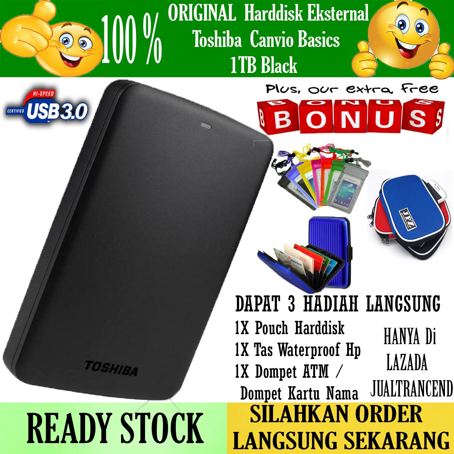 Toshiba Hardisk Eksternal Canvio Basic USB 3.0 1 TB - Hitam + Free Pouch Harddisk + Tas Waterproof Hp + Dompet Tempat Atm Dompet Kartu Nama