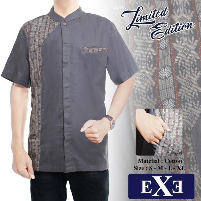 Kemeja / Baju Koko Muslim Pria Rommy - Abu Kombinasi Batik