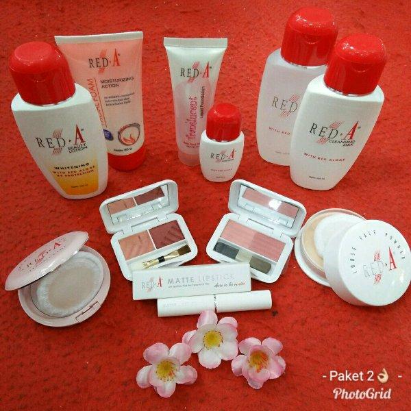 RED A PAKET 2 HANTARAN /SESERAHAN UNTUK KULIT NORMAL (* paket 2terdiri dari 1 cleansing milk 2 face tonik 3 facial froam4 moisturizer5 liquid foundation translucent6 loose powder7 compect powder translucent 8 eye shadow 9 blus on 10 hand body uv filter)