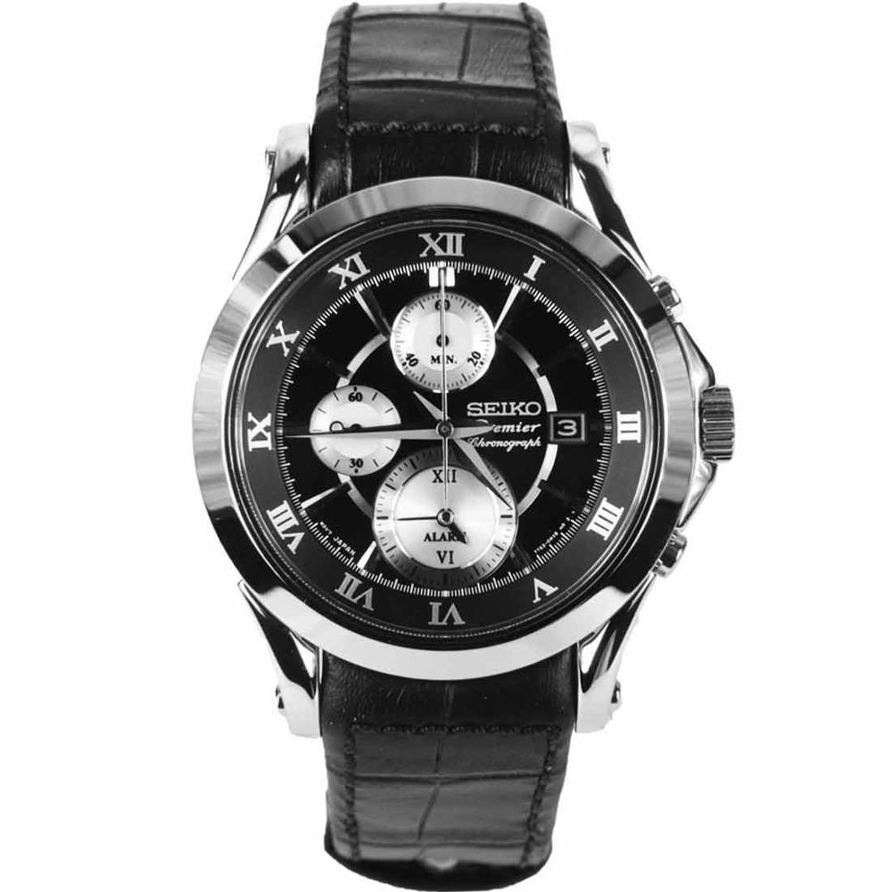 Seiko Premier SNAD29P1 Chrono-Alarm Black Leather | Jam Pria SNAD29