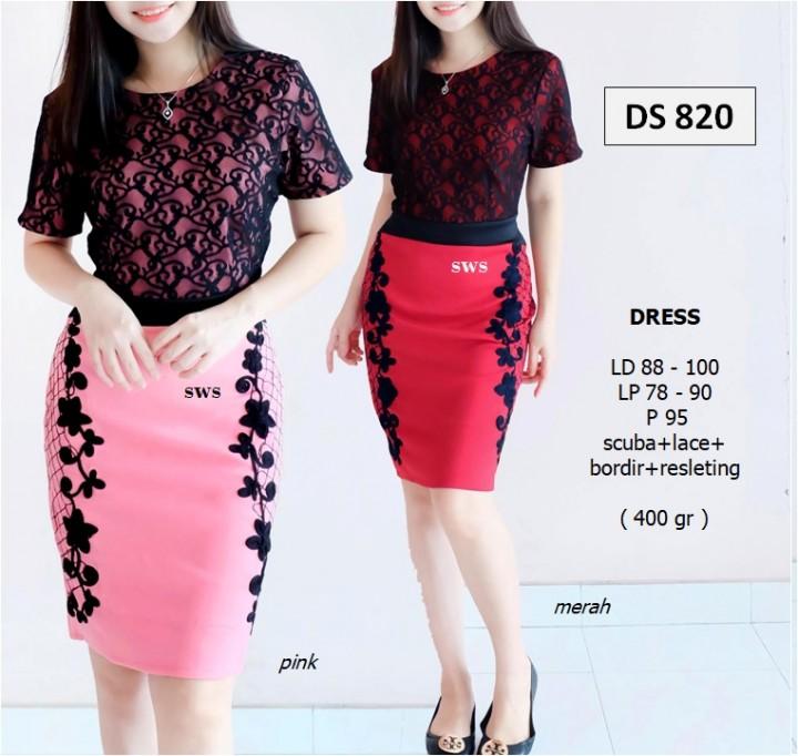 ALdera Dress Pesta Wanita Modern Midi Scuba Brukat Lace Bordir DS820