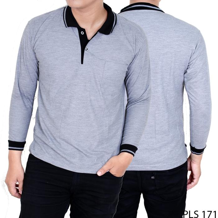 HARGA PROMO!!! PLS 171 Kaos Polo Polos Lengan Panjang Lacost PE Abu Misty Kerah Hitam - jASwVO