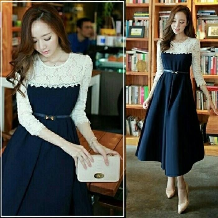 Dress Panjang Brukat / Dress White Brokat Sweet Navy Kory Midi Vintage