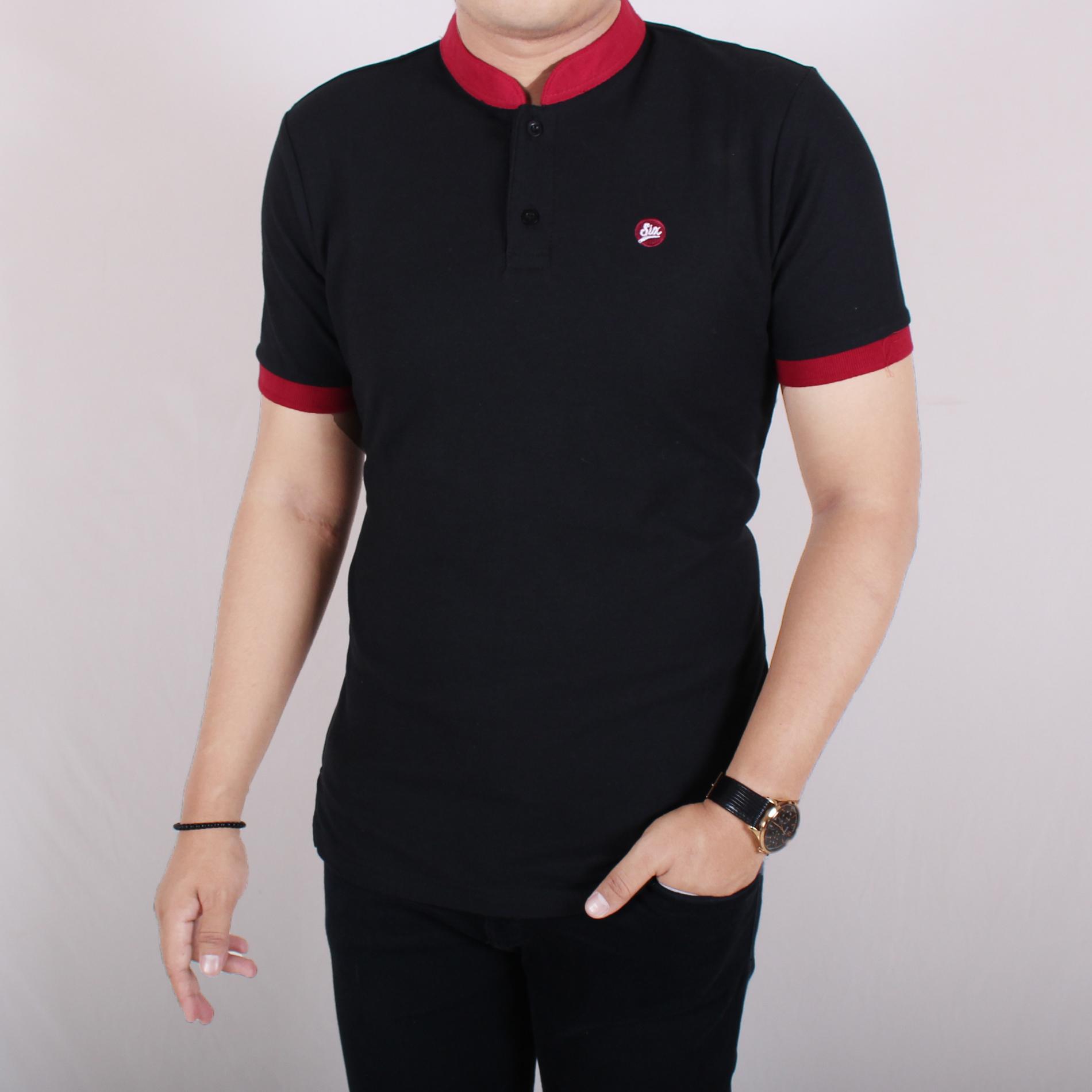 zs_fashion 6108 Kaos Polo Six Pria Lengan Pendek Baju Kaos Polo Kerah Sanghai Cowok Kerja Kantoran Formal Kaos Polo Distro Black Mix Red Simple