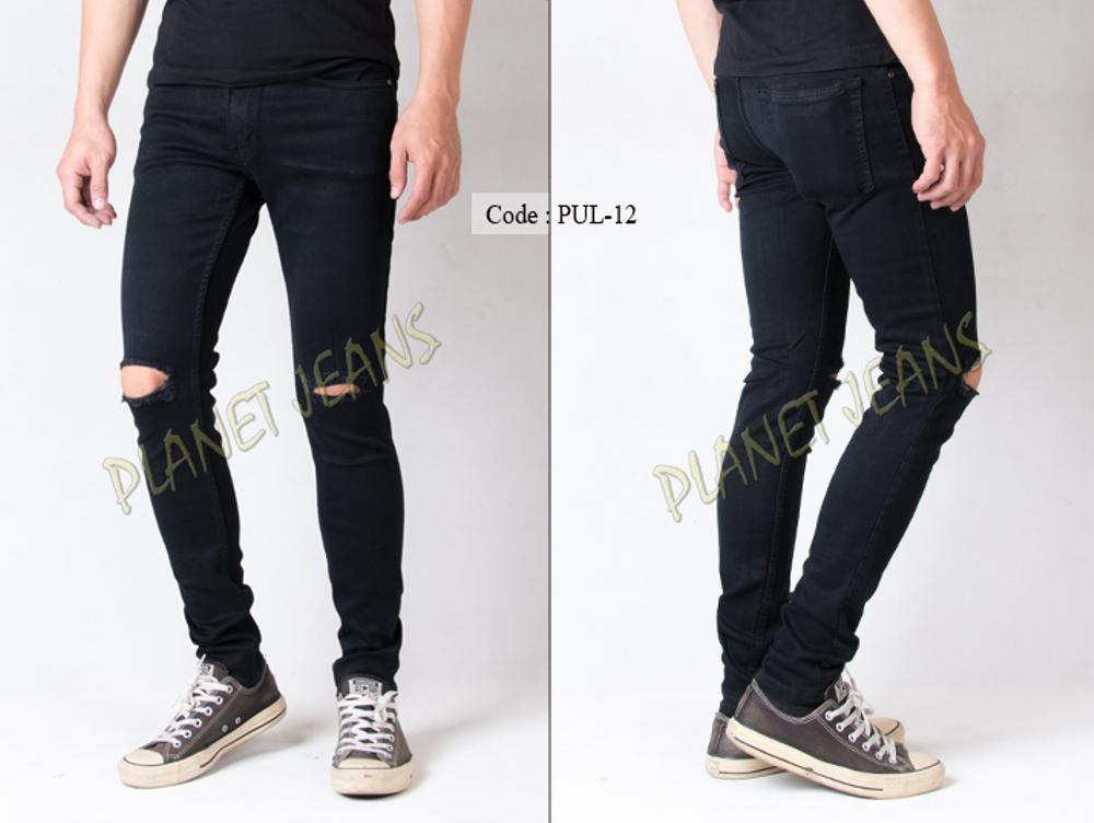 Celana Jeans Robek Lutut Pria Skinny / Pensil / Denim Skiny Sobek Dengkul Warna Hitam Polos Cowok PUL12 di lapak Planet Jeans planetjeans