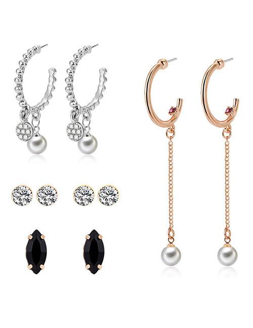 LRC Anting Set Fashion Gold Color+silver Color Pearls&diamond Decorated Earrings(4pcs)