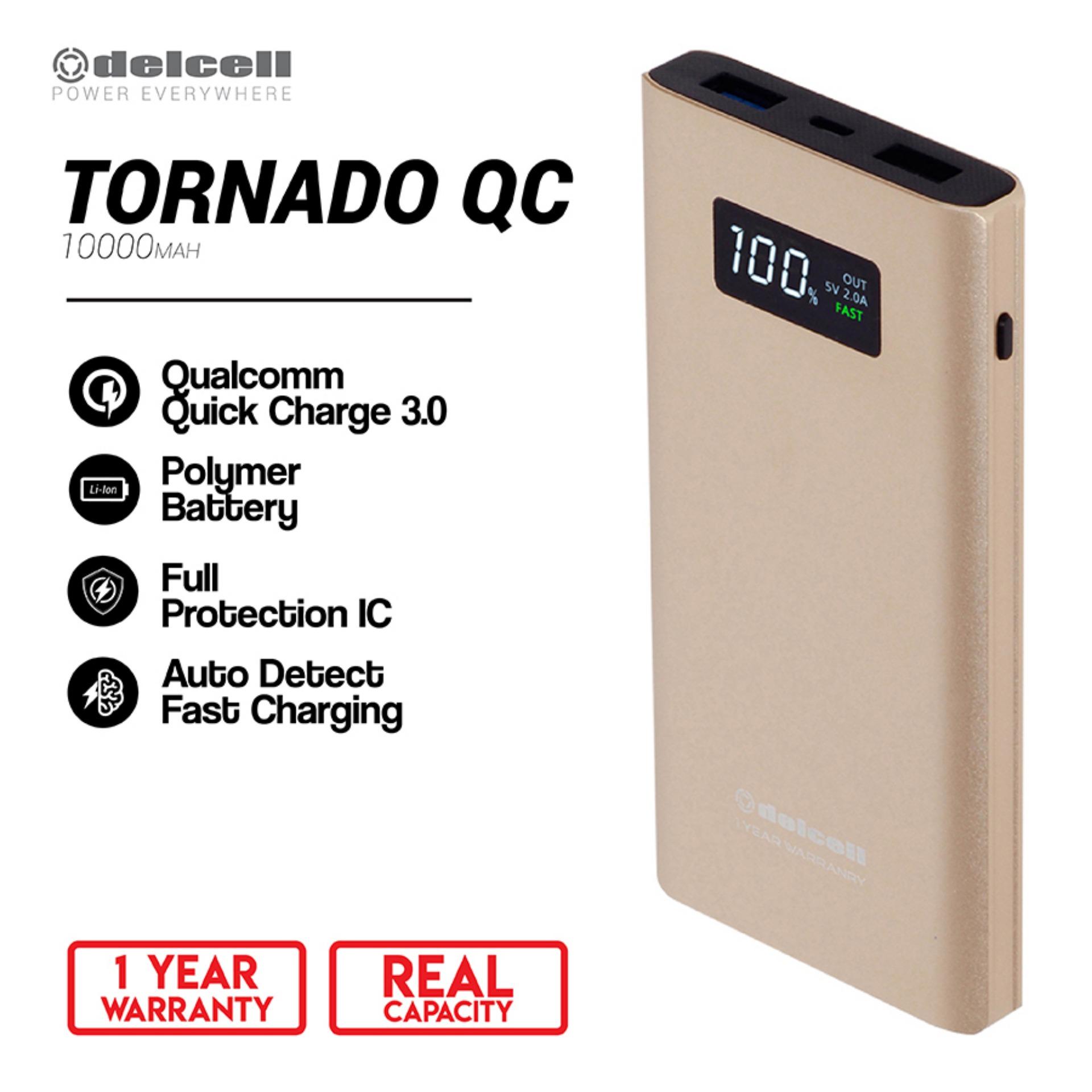 Delcell 10000mAh Powerbank TORNADO Support Quick Charge 3.0A Real Capacity Garansi Resmi 1 Tahun Polymer Battery Power Bank Berkualitas - Gold