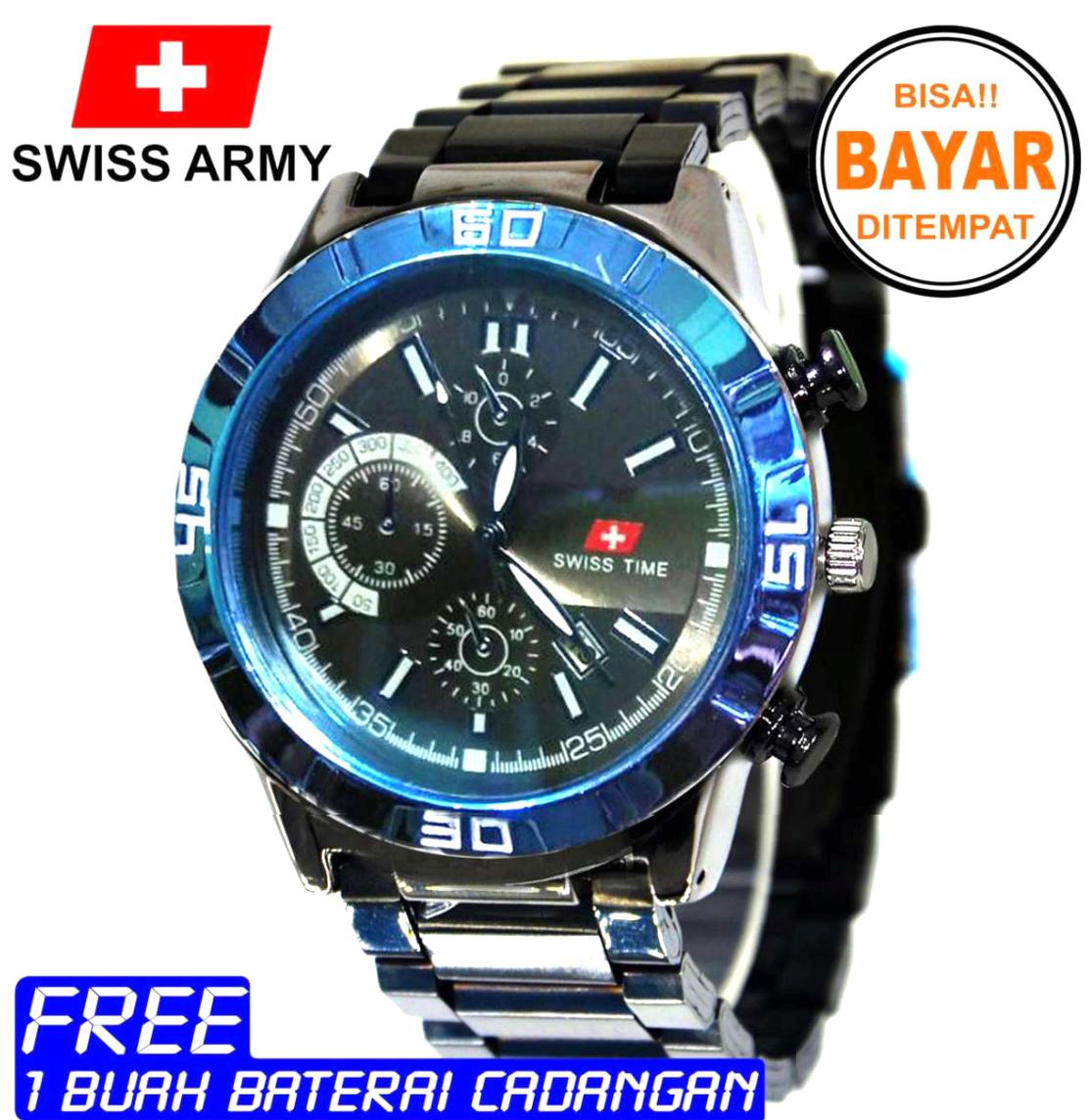 Jam Tangan Pria Swiss Army SA Stainless Steel Tanggal Aktif (Rantai Hitam)