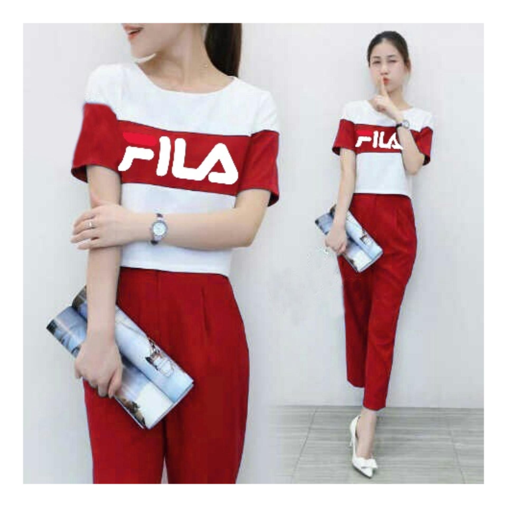Natnat Fashion JS Yuanita Fila Red Setelan Wanita Harian