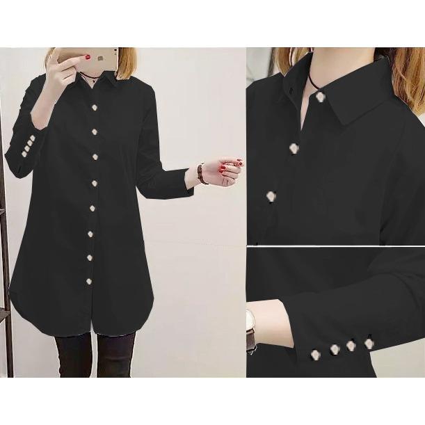mamamia collection - kemeja wanita lengan panjang aqua button / tunik wanita / blouse sabrina / kemeja polos / kemeja kantoran / baju lebaran