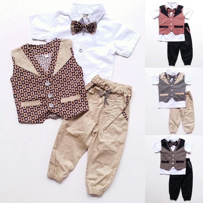 Promo Baju Setelan Pesta Anak Laki Kemeja Rompi Batik Kotak Celana Jogger Berkualitas