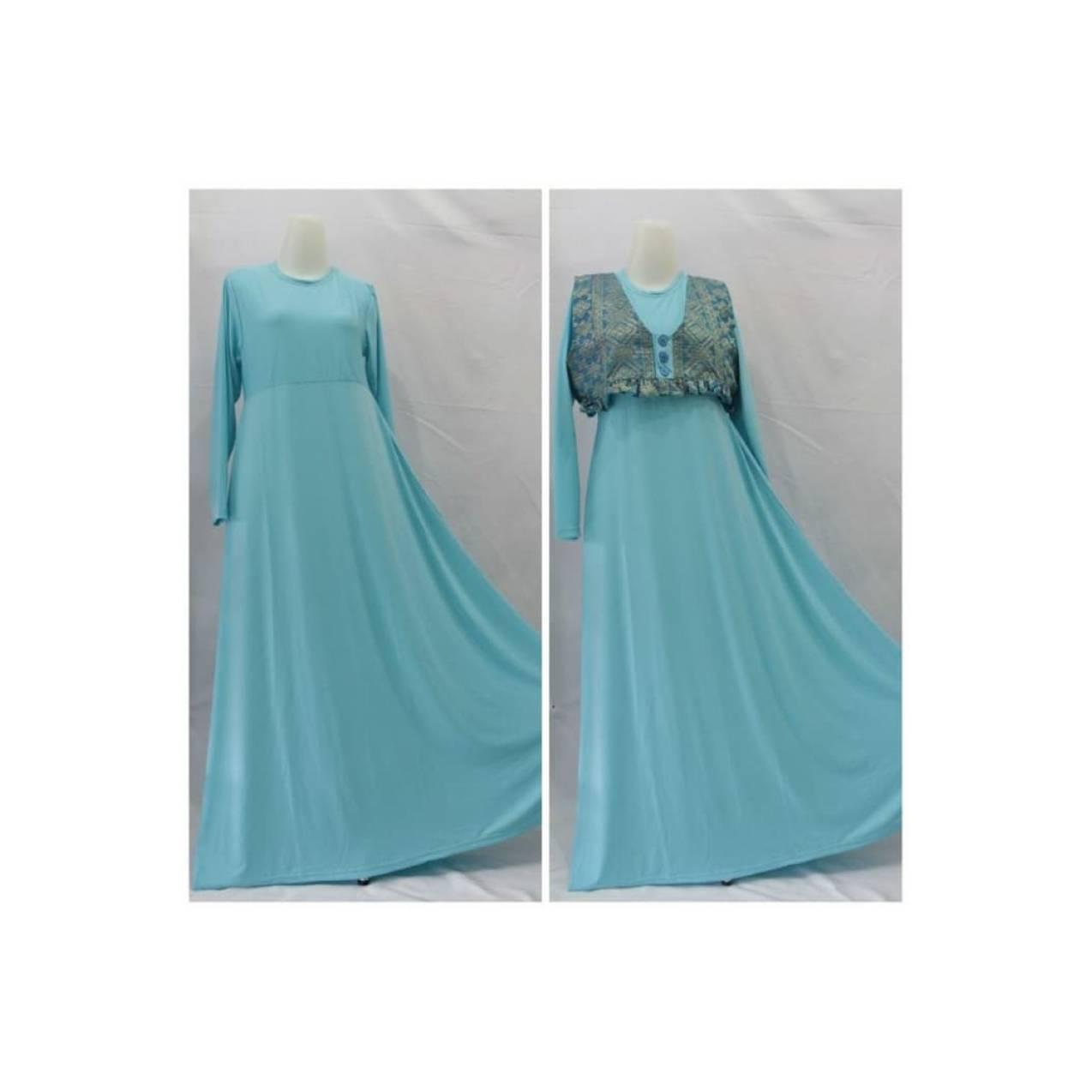 Baju Gamis Cardigan Dengan Rompi Songket Motif Etnik Warna Biru 6