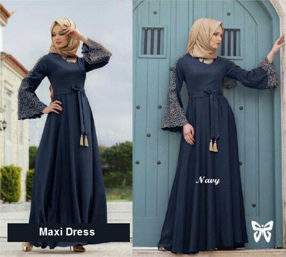 Flavia Store Maxi Dress Lengan Panjang Terompet Bordir FS0711 - NAVY BIRU DONGKER / Gamis Syari / Gaun Pesta Muslimah / Baju Muslim Wanita Syar'i / Srmadina