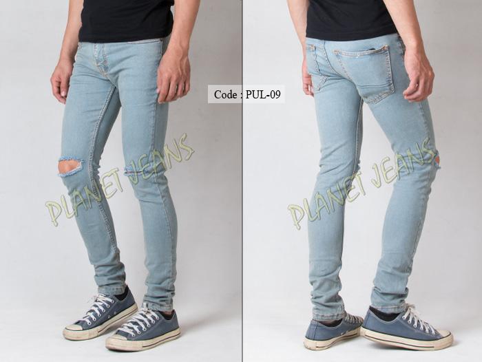 Celana jeans pria ripped sobek / robek lutut model skinny / pensil