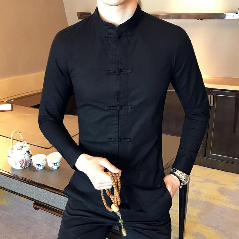 Oriental Style Gaya Cina Laki-laki Lengan Panjang Slim Kasual Kemeja Kemeja (Hitam) baju atasan kaos pria kemeja pria