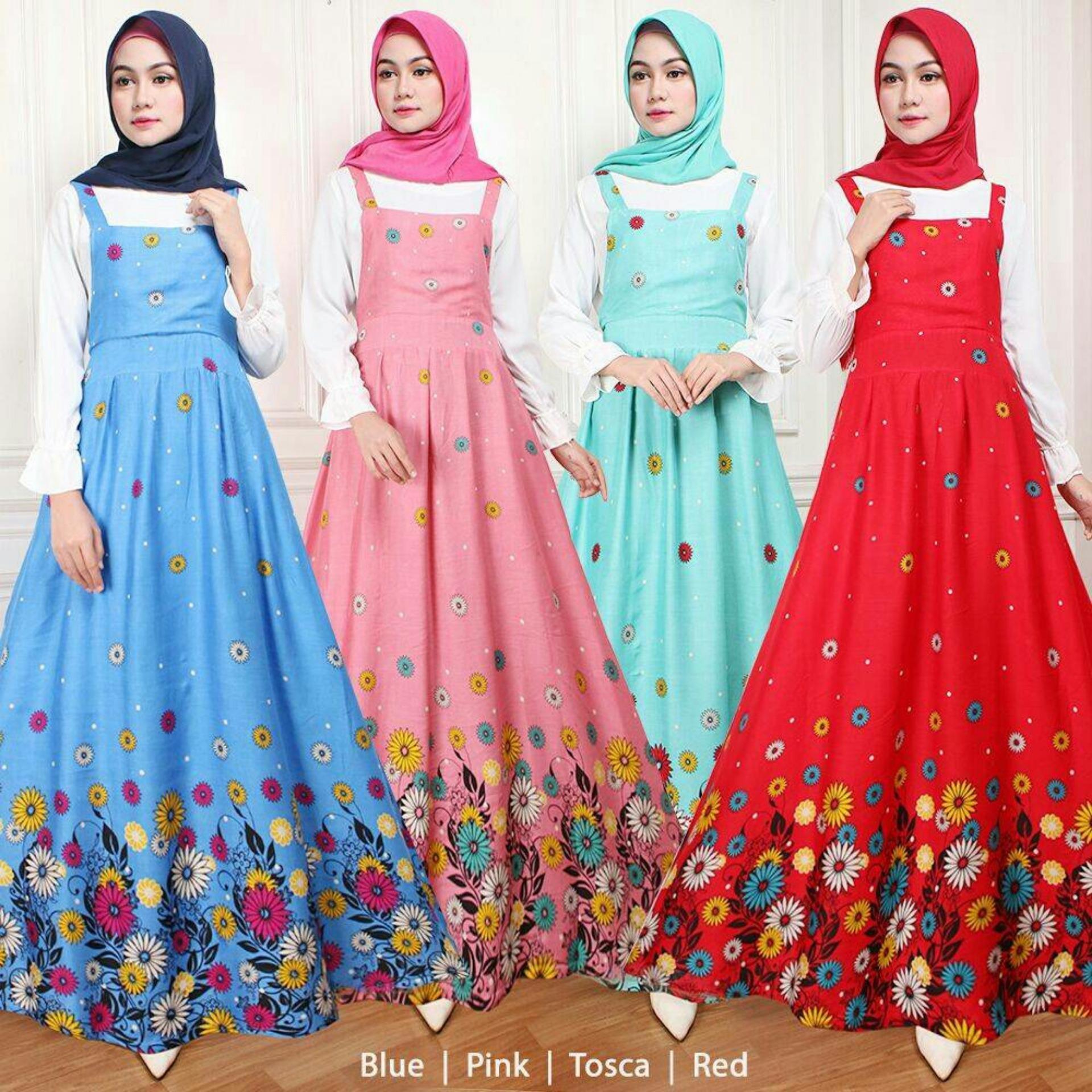 Claryne Maxi Overall Dress Wanita Muslim Lengan Panjang Motif Kembang Kekinian Bianca