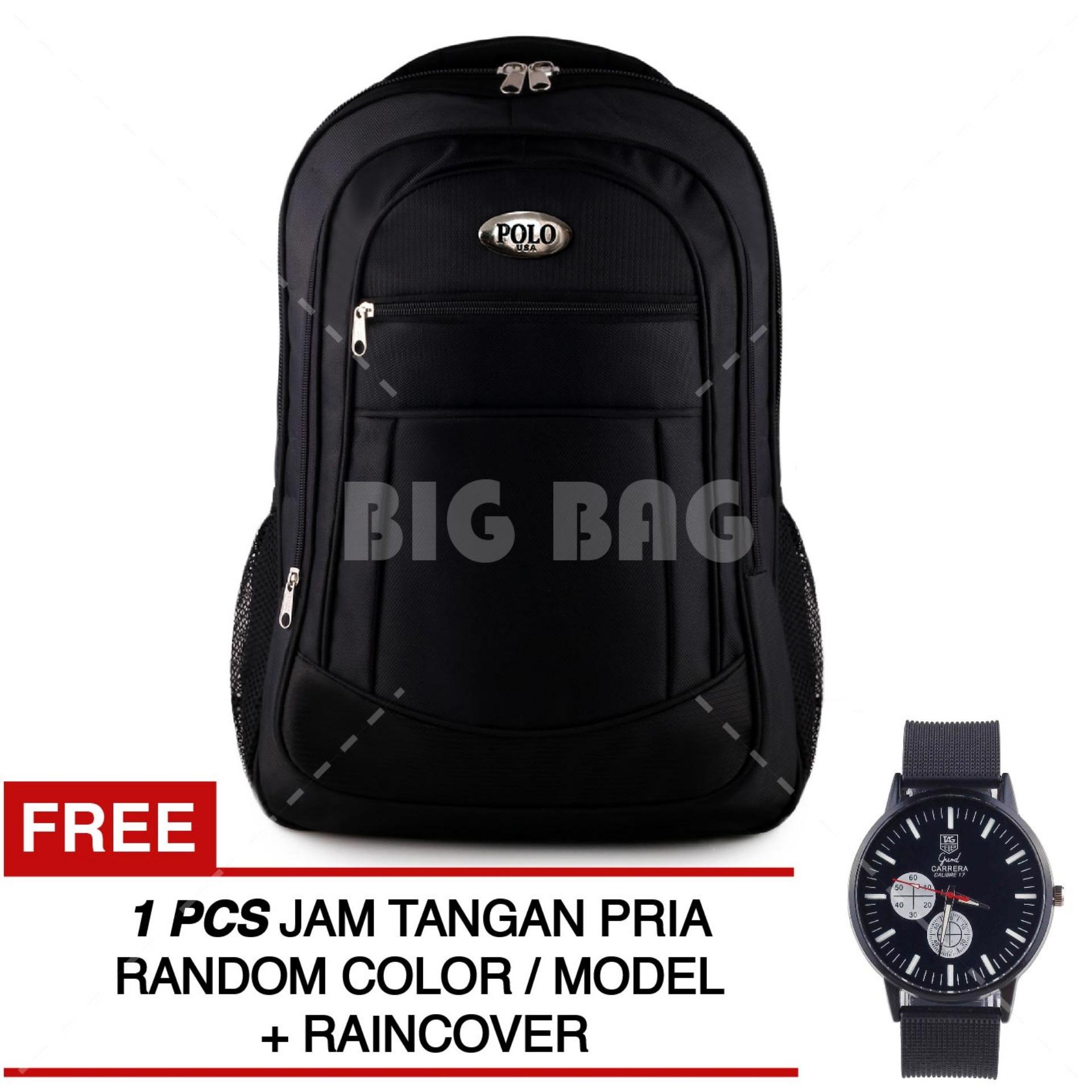 Tas Ransel Polo USA Black Lizard Tas Laptop Backpack + Raincover + FREE Jam Tangan Pria ( RANDOM MODEL ) Tas Pria Tas Kerja Tas Sekolah Tas Fashion Pria