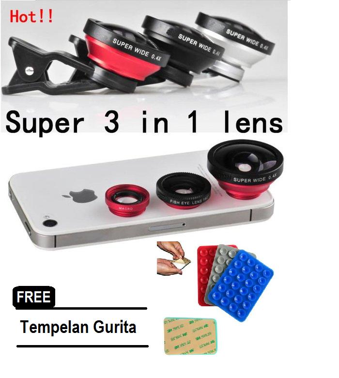 Lensa Fish Eye 3 In 1 Universal Clip Lens Fisheye Macro Wide + FREE Tempel Gurita Universal 1pcs