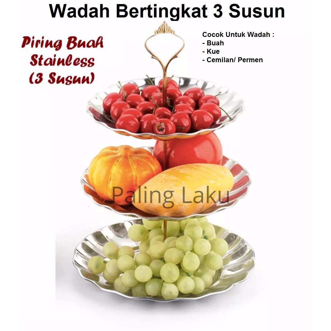 Paling Laku Fruit Plate Piring Buah/ Kue/ Permen Stainless 3 Susun Bisa utk tempat buah- SILVER