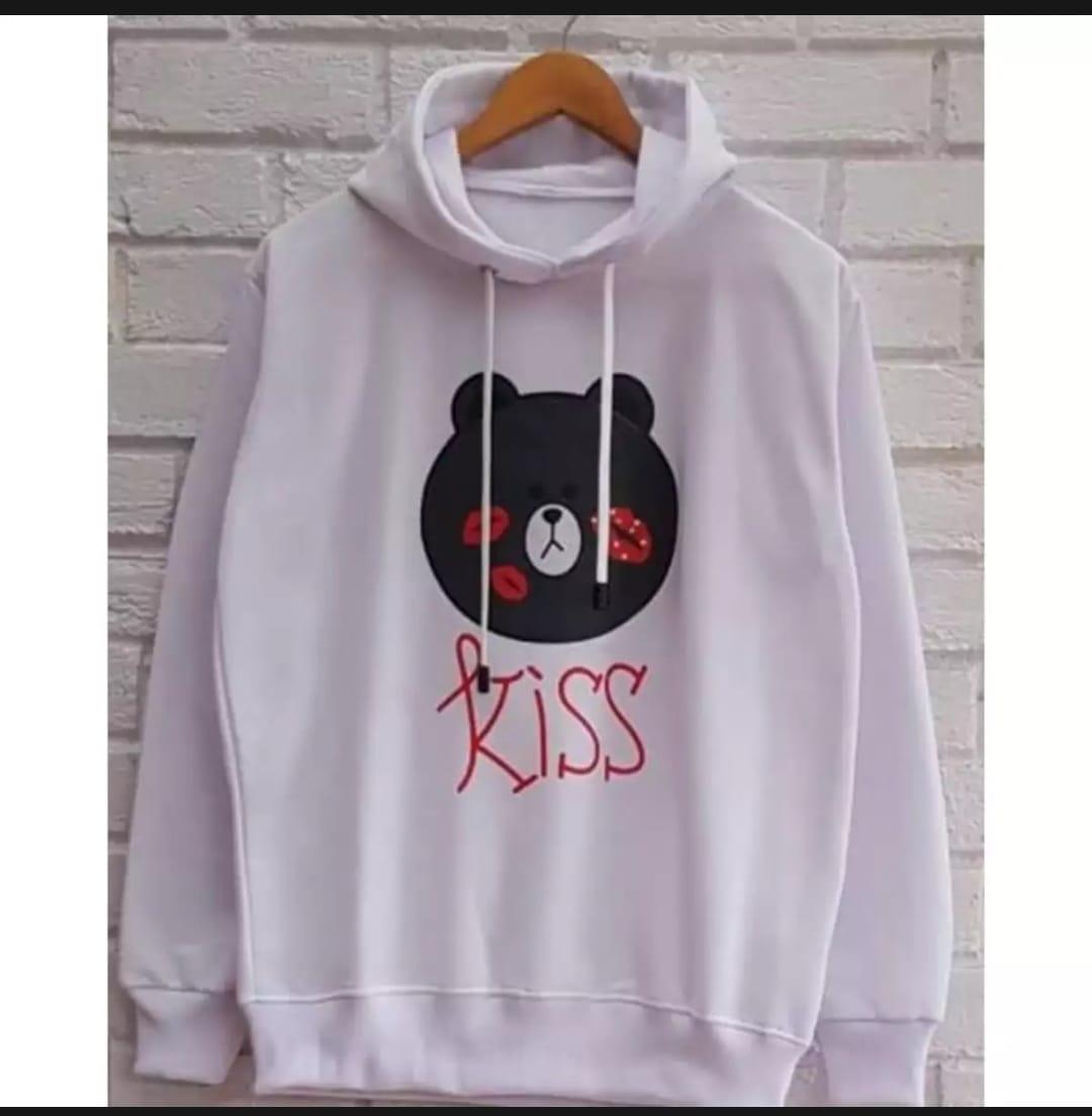 Jaket Sweater hodie - Bear Got Kisses - Jaket Kasual Wanita- bahan Fleece - Hitam,pink,putih