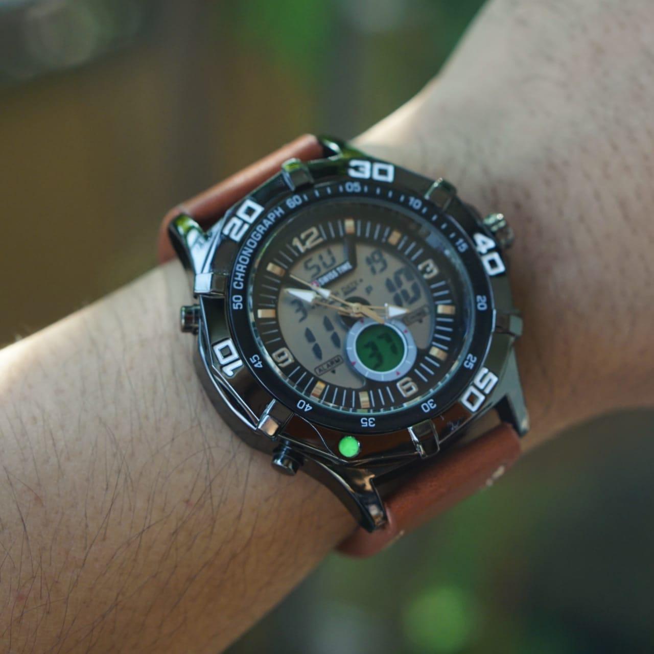 Swiss time - Dual Time- Jam Tangan Pria - tali kulit ST14213 - Grosir Jam Tangan Indonesia