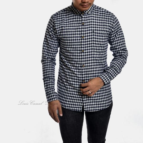 Baju Kemeja Flanel Distro Tangan Panjang Kotak Kecil Hitam Putih Premium Cowok Keren Murah