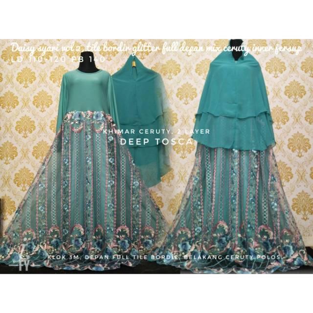 SET GAMIS SYARI PESTA MEWAH CERUTY TILE BORDIR BROKAT GLITTER JUMBO BAJU MUSLIMAH KHIMAR GROSIR ORI (abu/silver)