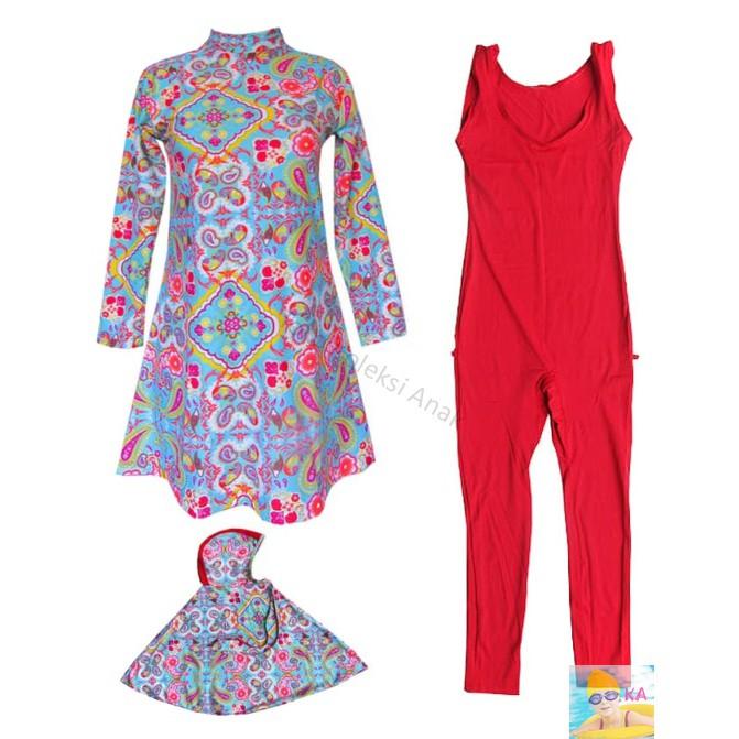 Baju Renang Anak Perempuan Muslim Syari SD - Remaja BB 30 - 50kg Motif Kembang I Koleksi Anak