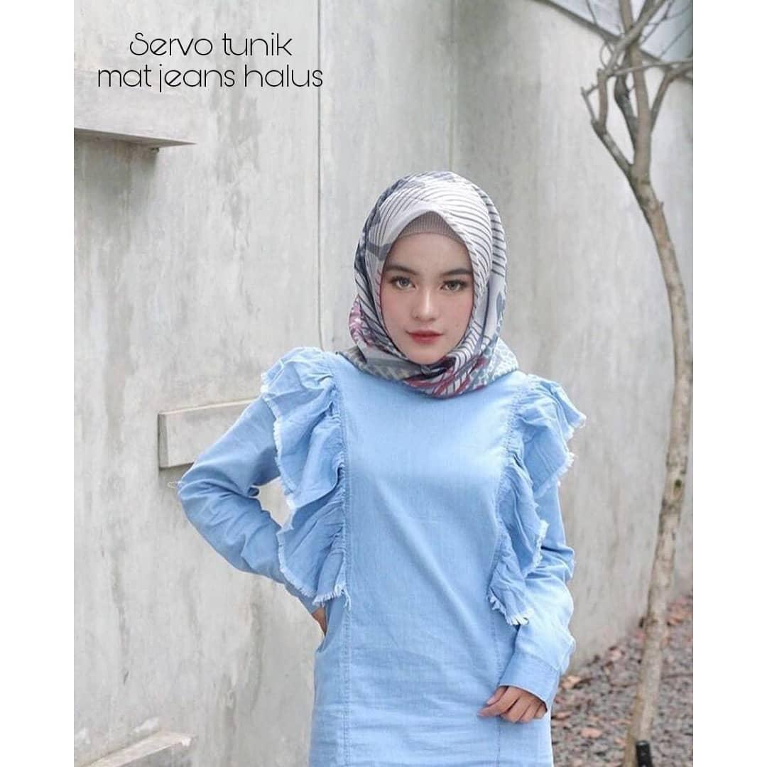 Baju Original Servo Tunik Jeans Pakaian Muslim Atasan Panjang Cewek Trendy Fashion Wanita Modis Idul Fitri Terbaru Blouse Simple 2018