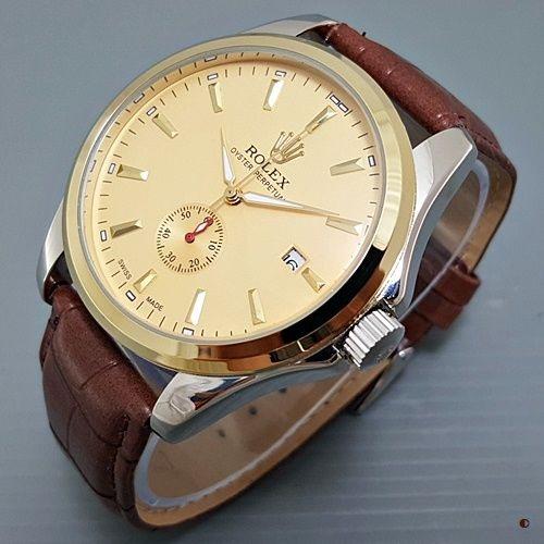Jam Tangan Pria Rolex Automatic Big Size Leather Brown Gold Arloji IFC-323 Quality