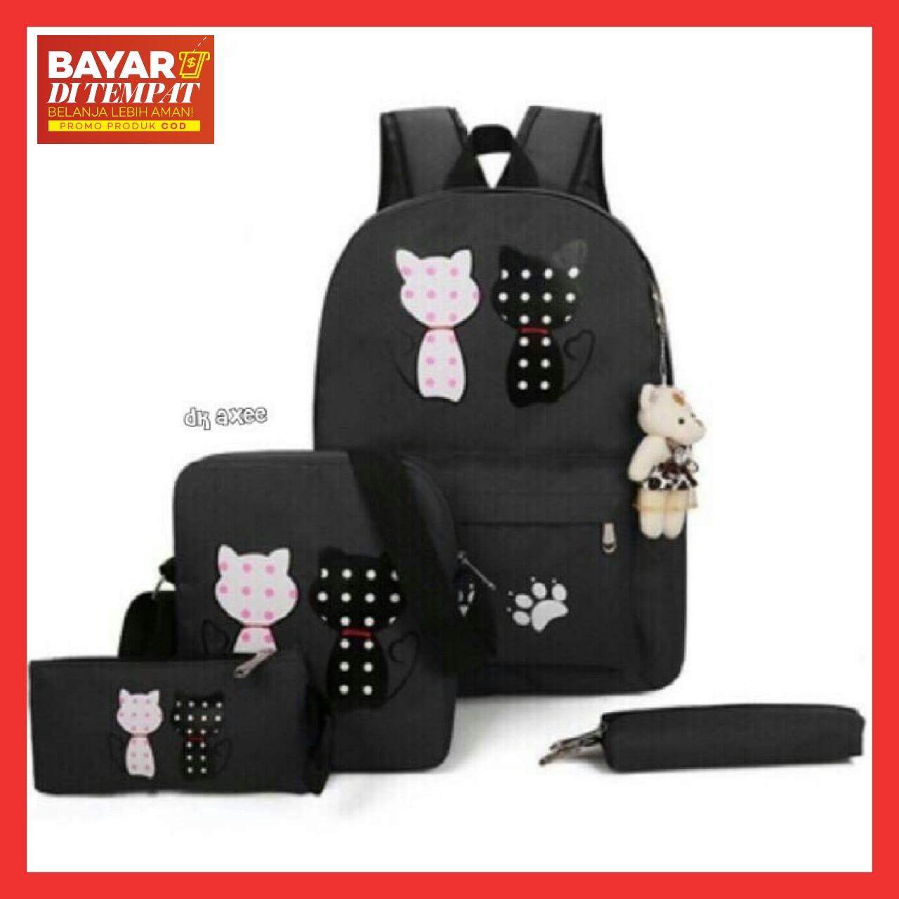TAS RANSEL WANITA SET 4IN1 MOTIF BACKSIDE CAT