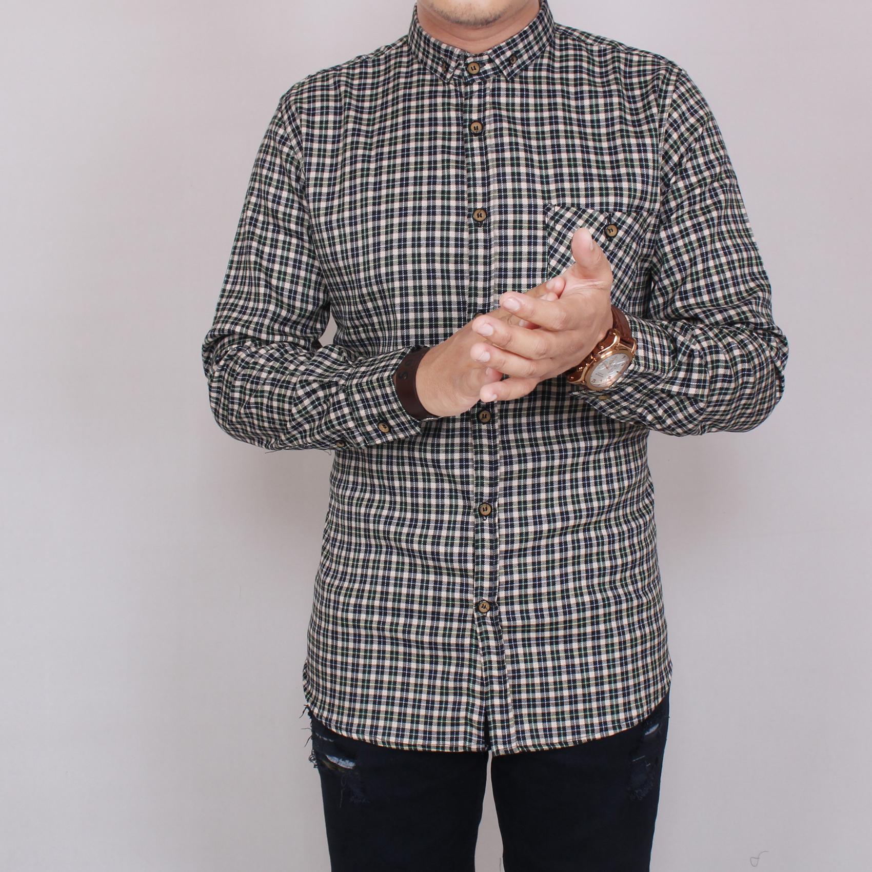 Zoeystore 5850 Kemeja Flanel Pria Lengan Pendek Exclusive Baju Kemeja Flannel Cowok Kerja Kantoran Formal Kemeja Distro Putih Kotak Hijau