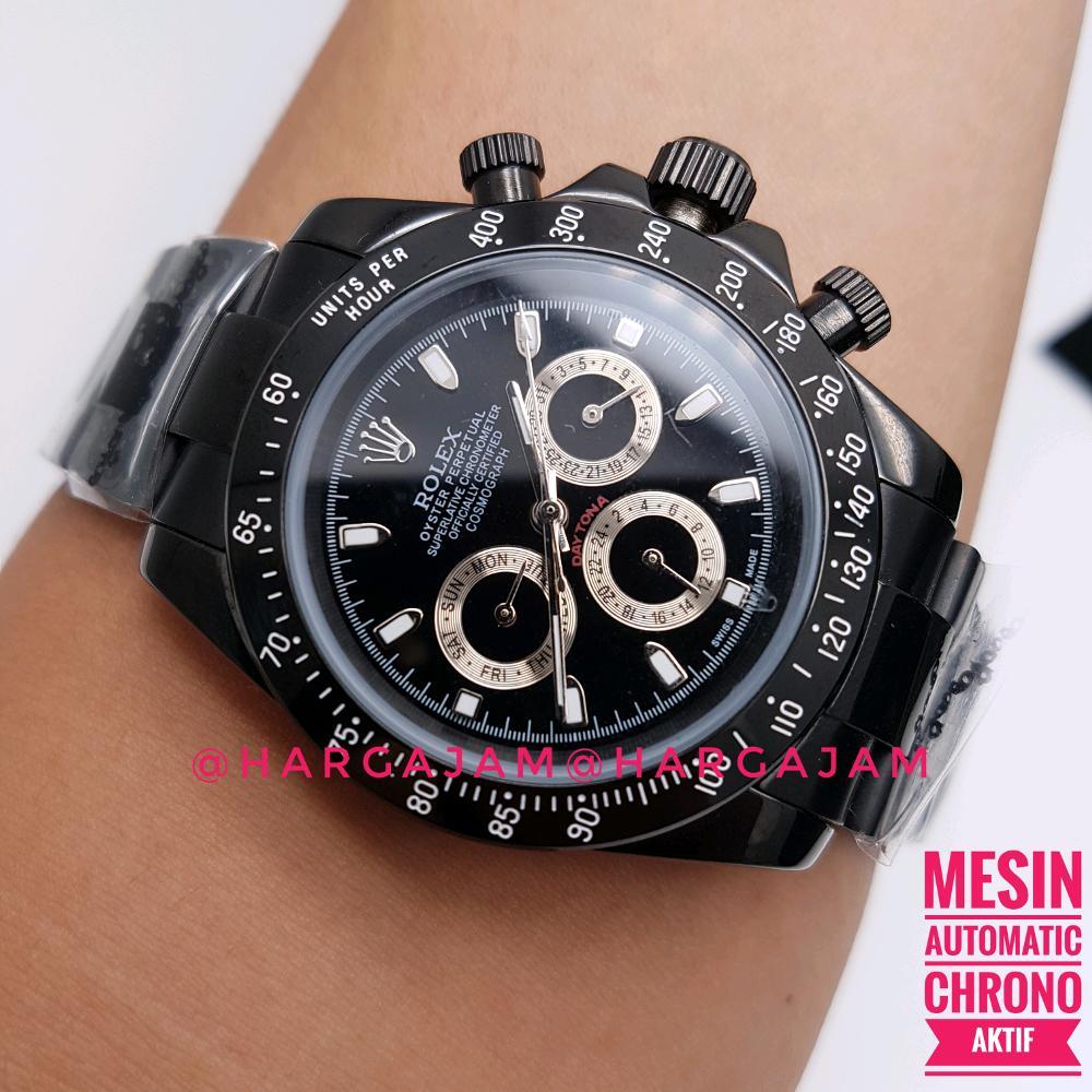 Jam Pria Automatic Rolex Daytona Oyster Perpetual R0954 Super Chrono - Black (Hargajam Harga Jam Matic Otomatis)